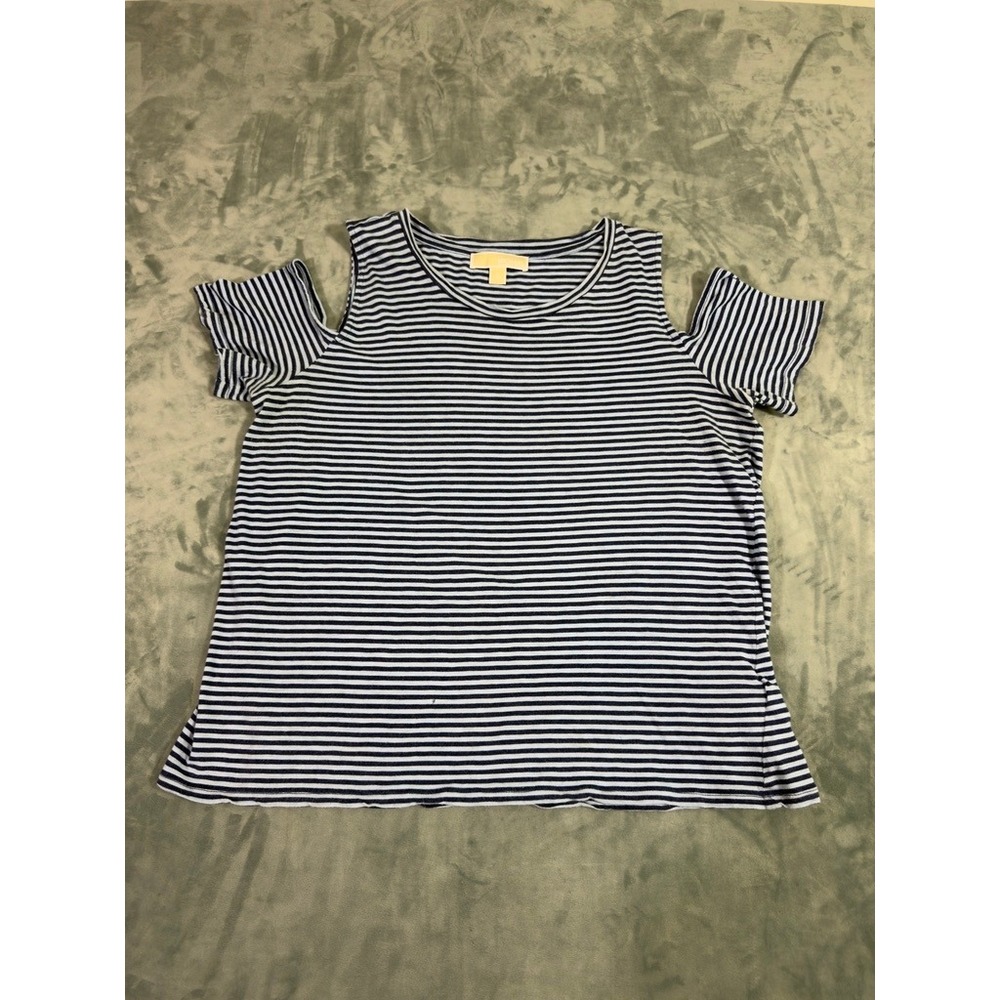 Michael Kors Blue Striped Cold Shoulder Short Sleeve Top XL